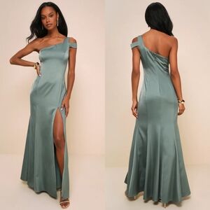 Lulus Gliding Beauty Sage Green Satin One-Shoulder Cutout Maxi Dress S Wedding